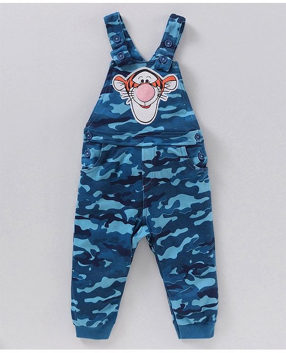 Babyhug Full Sleeves Cotton Tee With Dungaree Camo Print & Tiger Applique- Orange Blue