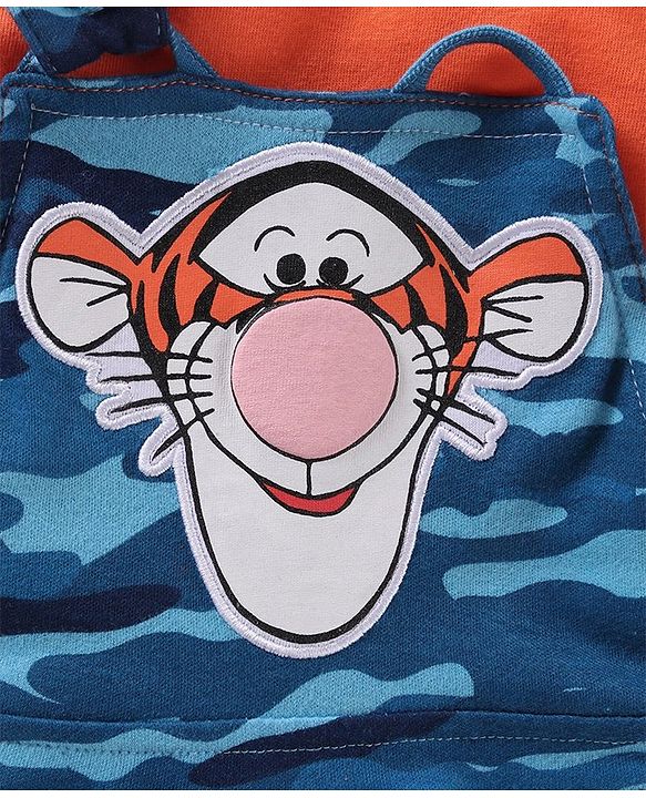 Babyhug Full Sleeves Cotton Tee With Dungaree Camo Print & Tiger Applique- Orange Blue