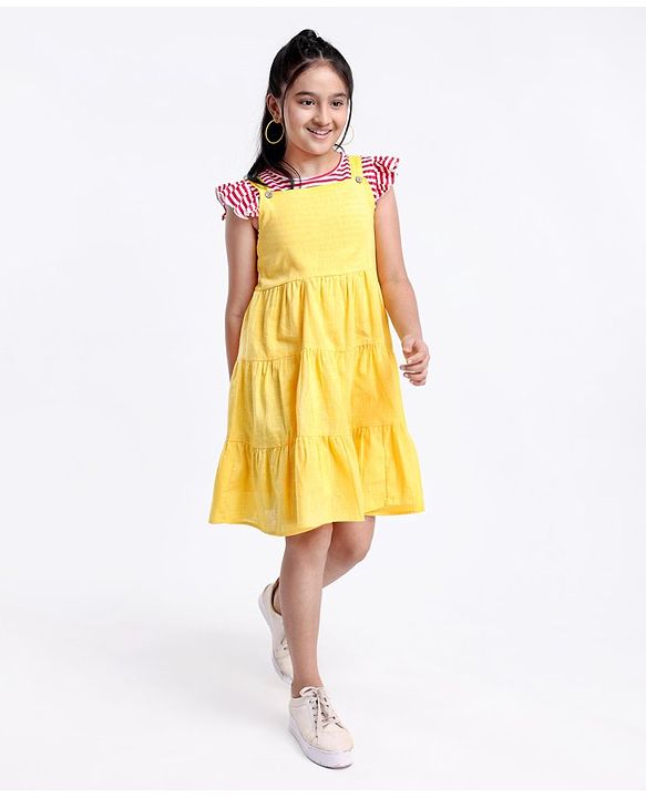 Pine Kids Tiered Frock with Short Sleeves Striped Inner Tee - Golden