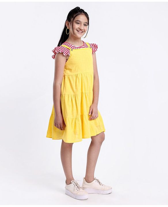 Pine Kids Tiered Frock with Short Sleeves Striped Inner Tee - Golden