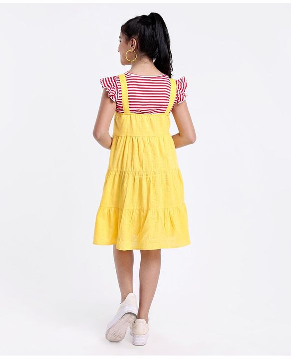 Pine Kids Tiered Frock with Short Sleeves Striped Inner Tee - Golden
