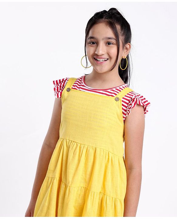 Pine Kids Tiered Frock with Short Sleeves Striped Inner Tee - Golden
