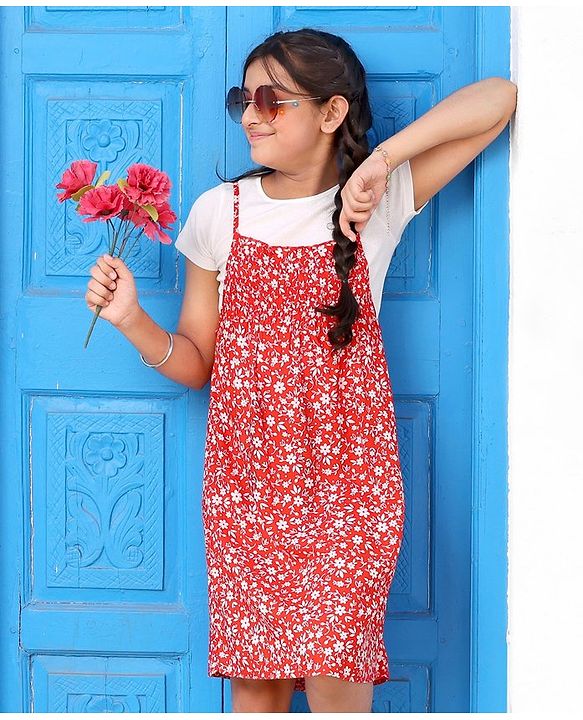 Pine Kids Half Sleeves Tee & Frock Floral Print - Red