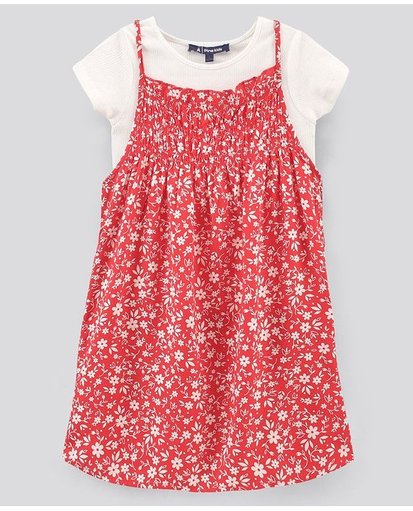 Pine Kids Half Sleeves Tee & Frock Floral Print - Red