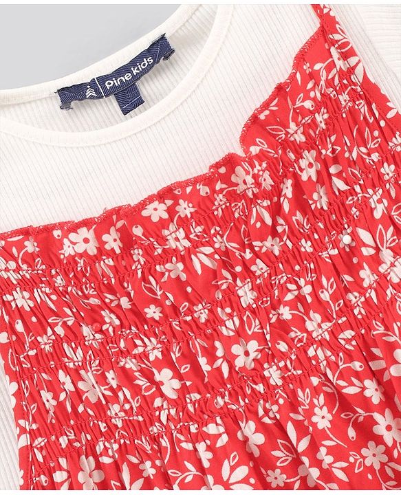 Pine Kids Half Sleeves Tee & Frock Floral Print - Red
