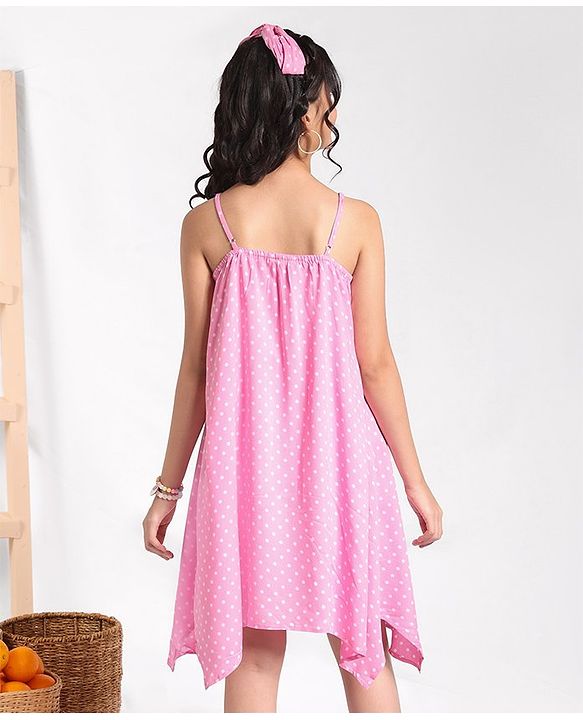 Pine Kids Sleeveless Asymmetrical Frock with Headband Polka Dot Print - Pink