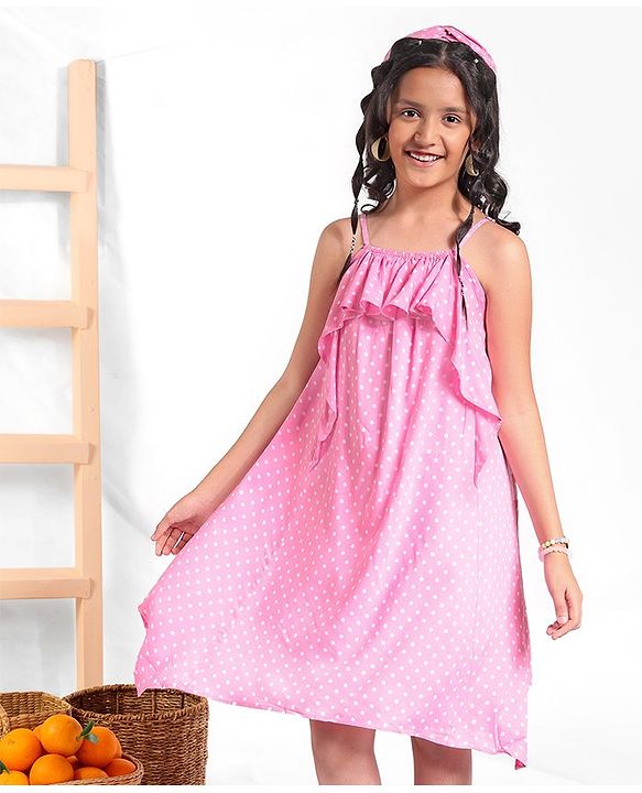 Pine Kids Sleeveless Asymmetrical Frock with Headband Polka Dot Print - Pink