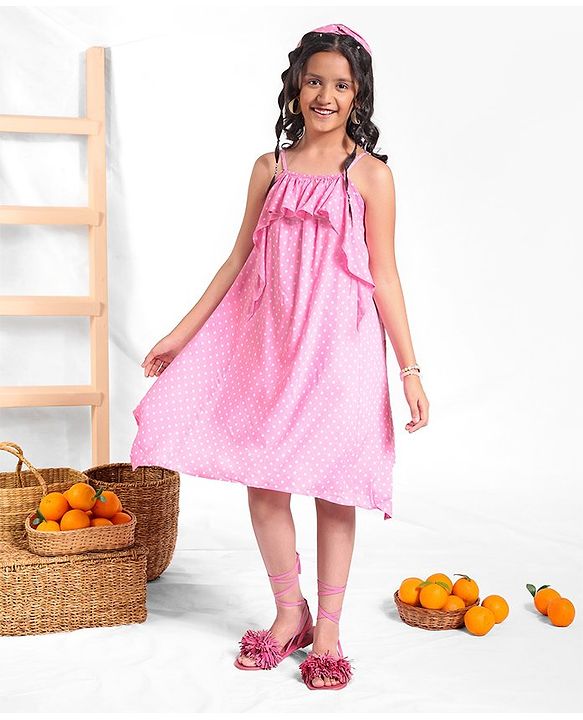 Pine Kids Sleeveless Asymmetrical Frock with Headband Polka Dot Print - Pink
