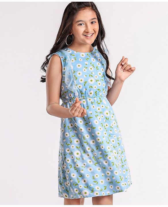 Pine Kids Ruffle Sleeves Frock Floral Print - Blue