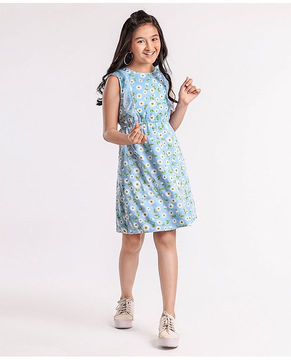 Pine Kids Ruffle Sleeves Frock Floral Print - Blue