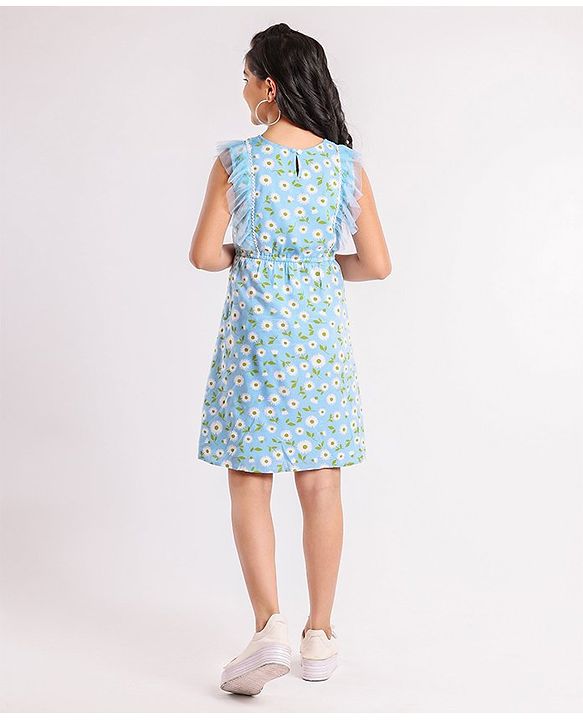 Pine Kids Ruffle Sleeves Frock Floral Print - Blue