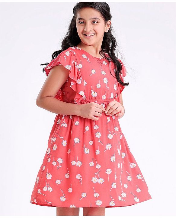 Pine Kids Cotton Summer Frocks with Floral Print - Red