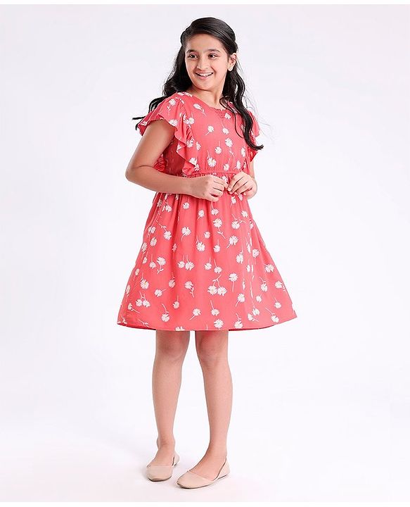 Pine Kids Cotton Summer Frocks with Floral Print - Red