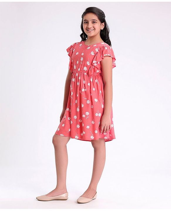 Pine Kids Cotton Summer Frocks with Floral Print - Red