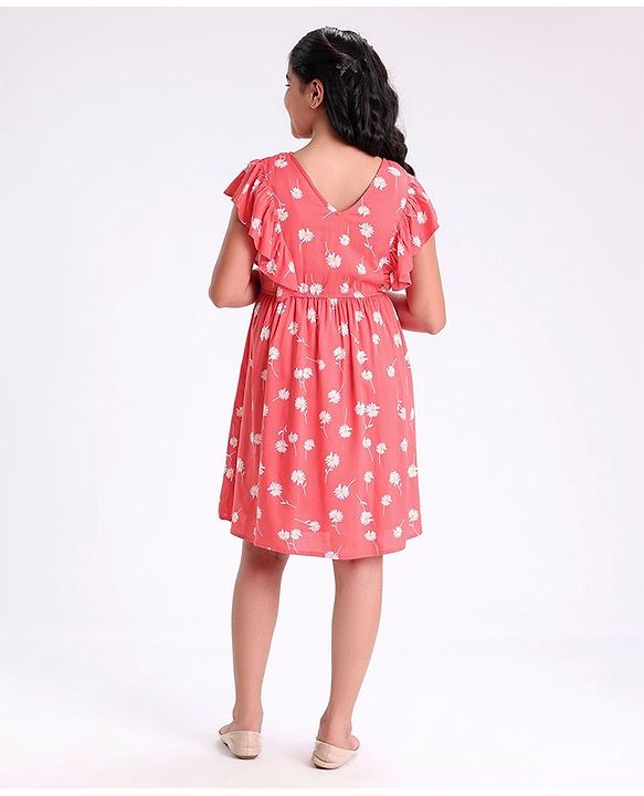 Pine Kids Cotton Summer Frocks with Floral Print - Red