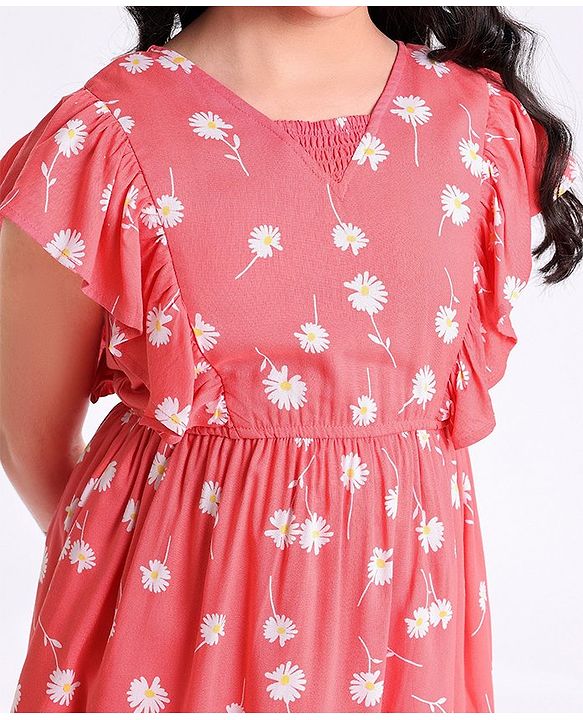Pine Kids Cotton Summer Frocks with Floral Print - Red