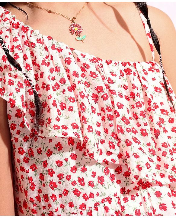 Pine Kids Cotton Woven Frock with Floral Print - Red