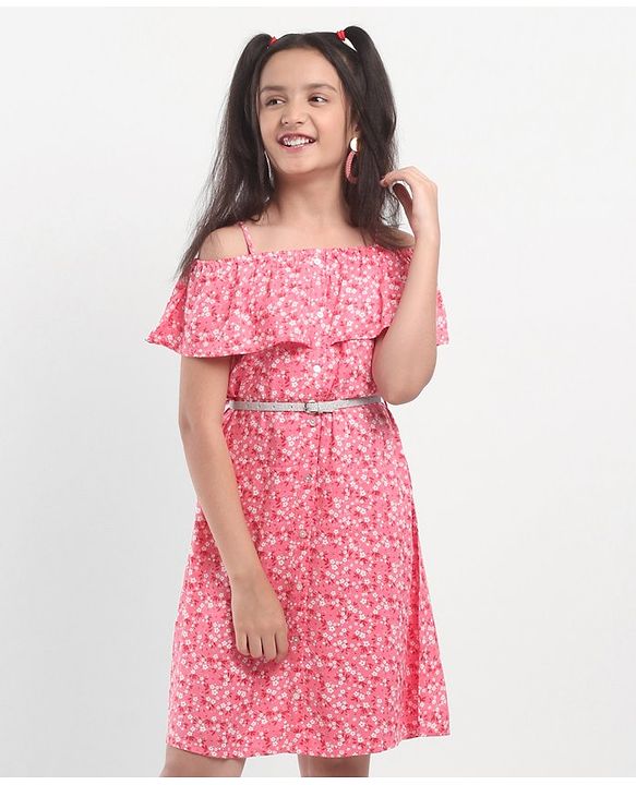 Pine Kids Off Shoulder Frock with Floral Print & Glitter Belt - Pink
