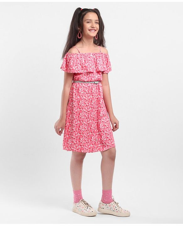 Pine Kids Off Shoulder Frock with Floral Print & Glitter Belt - Pink