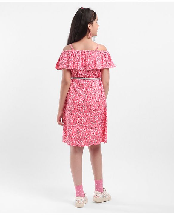 Pine Kids Off Shoulder Frock with Floral Print & Glitter Belt - Pink