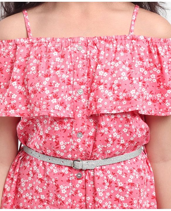 Pine Kids Off Shoulder Frock with Floral Print & Glitter Belt - Pink