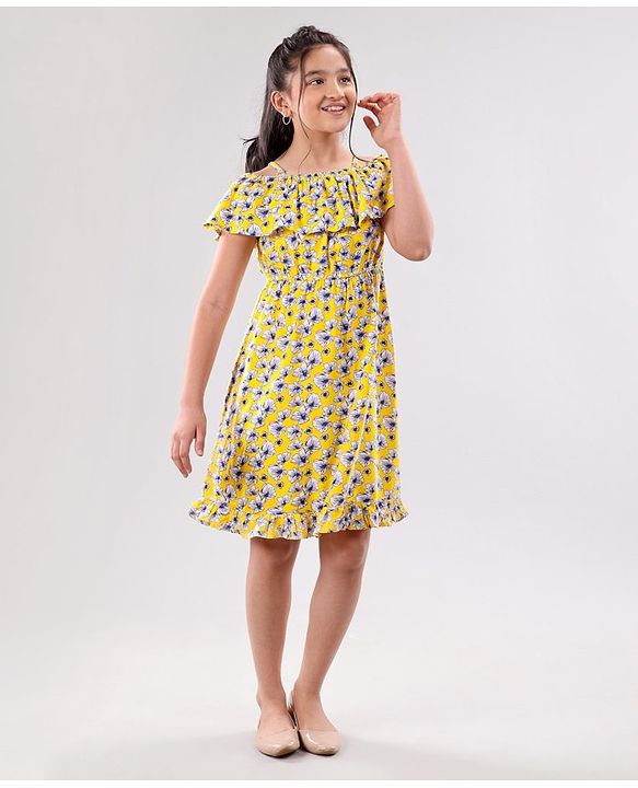 Pine Kids Cold Shoulder Frock Floral Print - Yellow