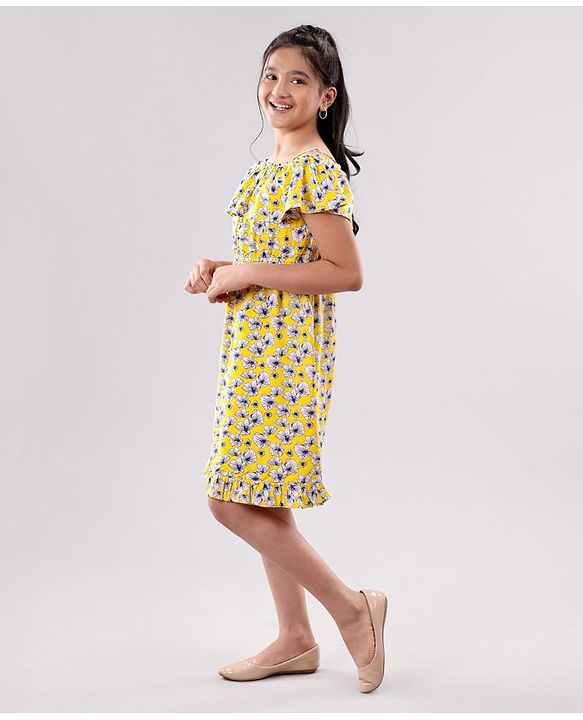 Pine Kids Cold Shoulder Frock Floral Print - Yellow