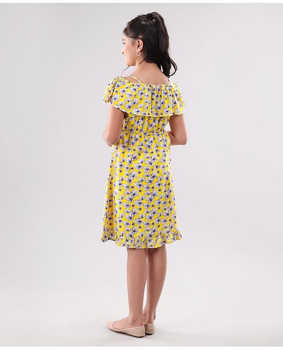 Pine Kids Cold Shoulder Frock Floral Print - Yellow