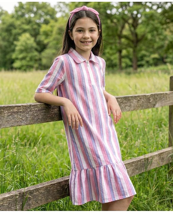 Pine Kids Half Sleeves Striped Frock - Multicolor