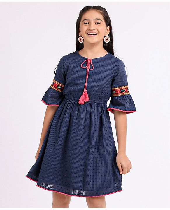 Pine Kids 3/4th Sleeves Softner Wash Embroidered Frock with Swiss Dots - Navy