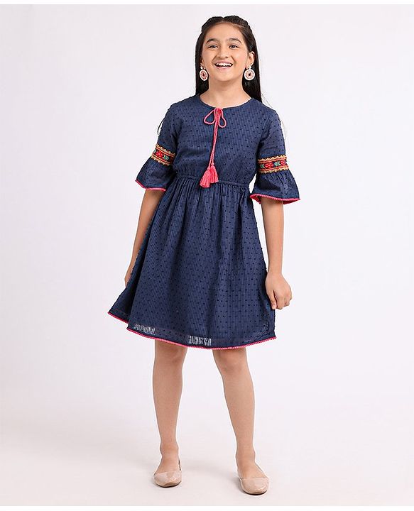 Pine Kids 3/4th Sleeves Softner Wash Embroidered Frock with Swiss Dots - Navy