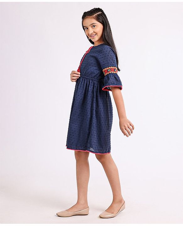 Pine Kids 3/4th Sleeves Softner Wash Embroidered Frock with Swiss Dots - Navy