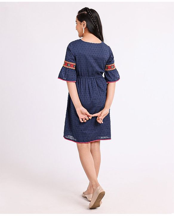Pine Kids 3/4th Sleeves Softner Wash Embroidered Frock with Swiss Dots - Navy