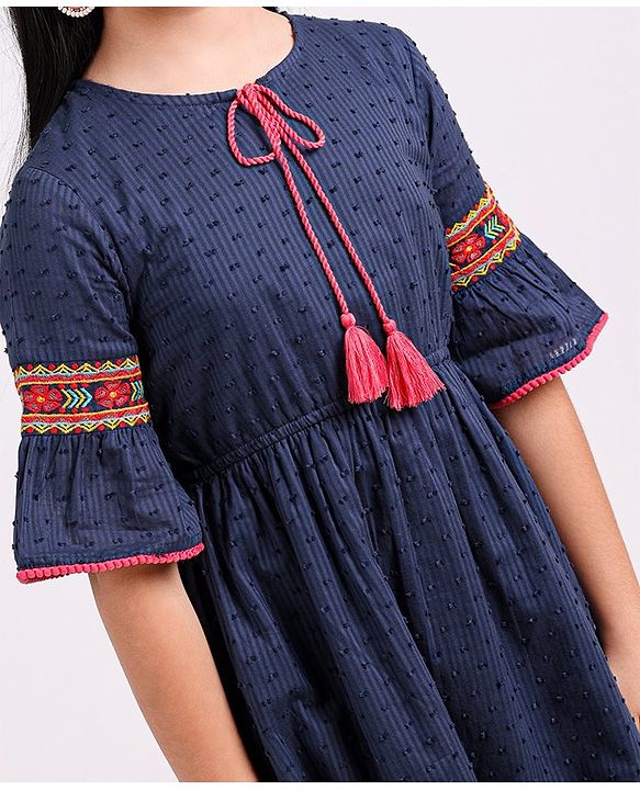 Pine Kids 3/4th Sleeves Softner Wash Embroidered Frock with Swiss Dots - Navy