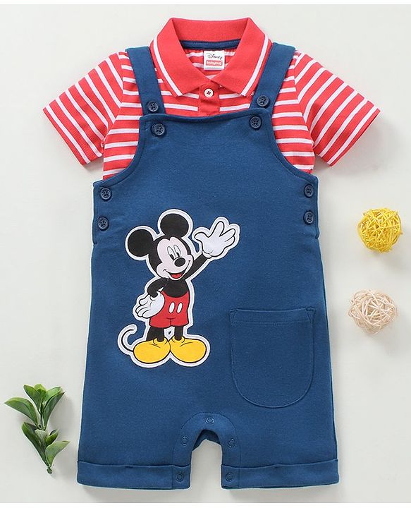 Babyhug Dungaree With Half Sleeves Striped Inner Tee Mickey Mouse Patch - Red Blue