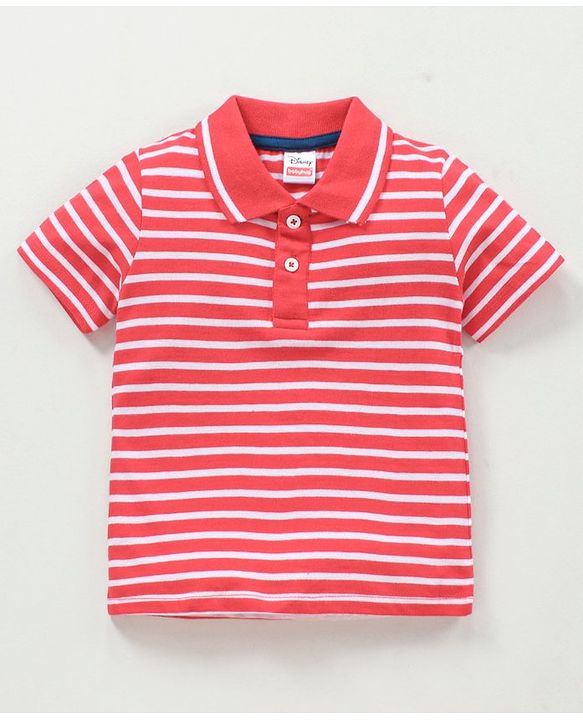 Babyhug Dungaree With Half Sleeves Striped Inner Tee Mickey Mouse Patch - Red Blue