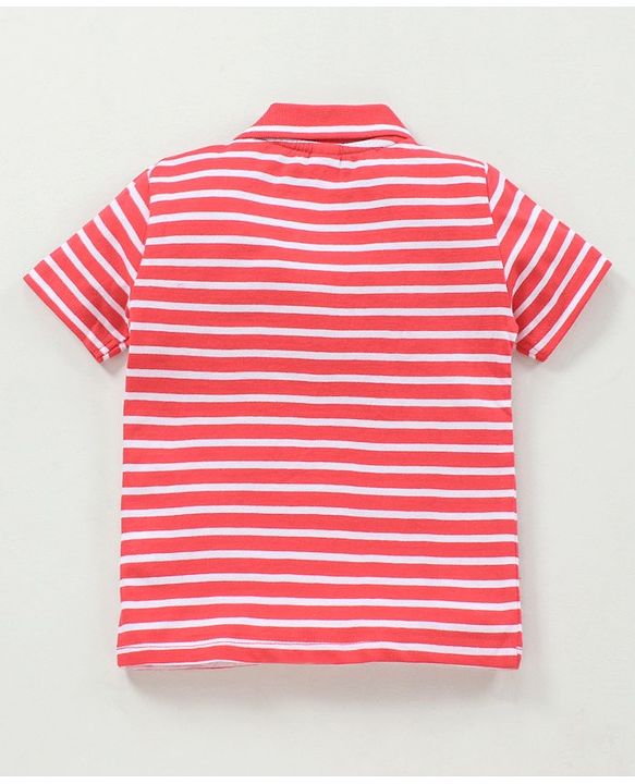 Babyhug Dungaree With Half Sleeves Striped Inner Tee Mickey Mouse Patch - Red Blue