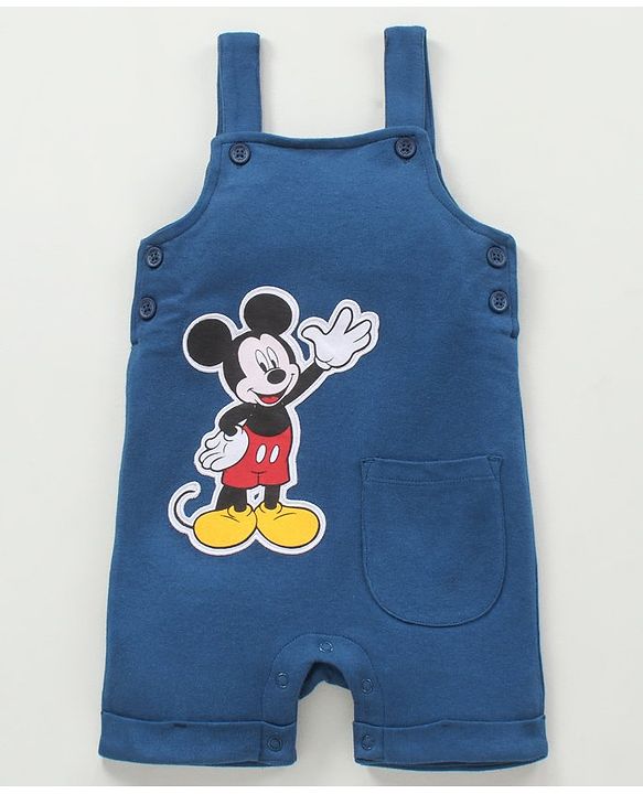 Babyhug Dungaree With Half Sleeves Striped Inner Tee Mickey Mouse Patch - Red Blue