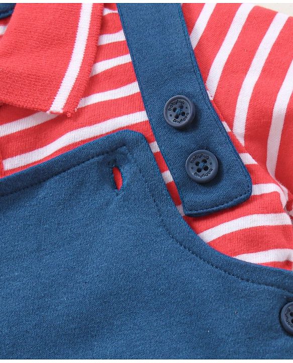 Babyhug Dungaree With Half Sleeves Striped Inner Tee Mickey Mouse Patch - Red Blue