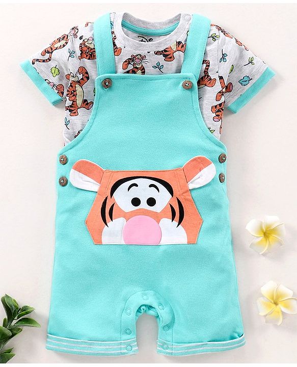 Babyhug Cotton Printed Dungaree with Half Sleeves T-shirt - Blue