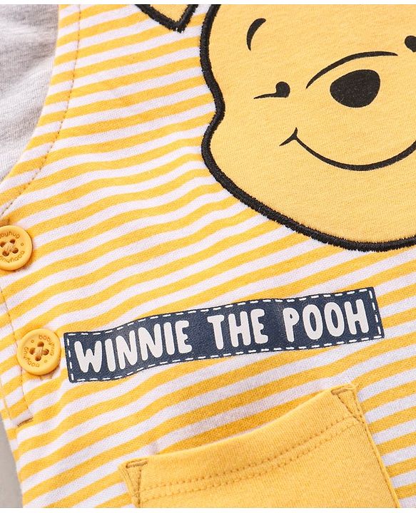 Babyhug Half Sleeves Dungaree Style Romper With Inner Tee Stripes & Winnie The Pooh Print - Ecru Yellow