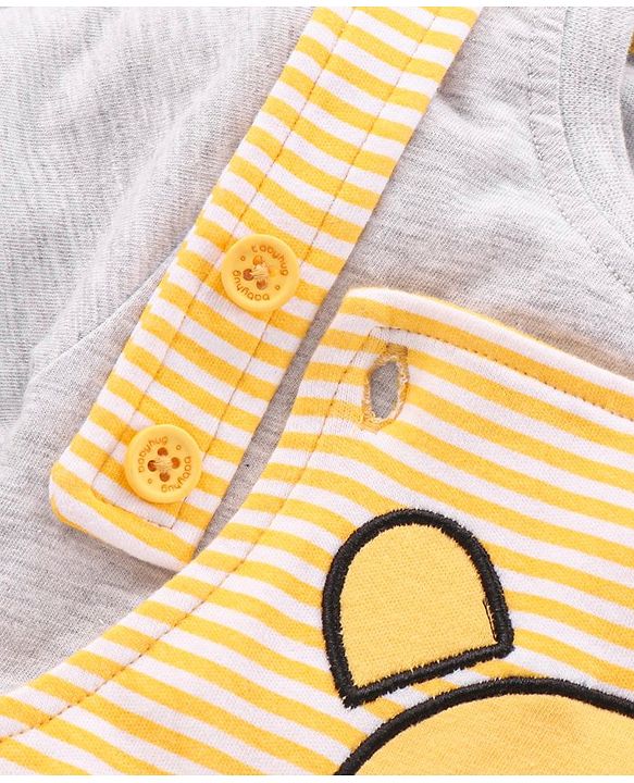 Babyhug Half Sleeves Dungaree Style Romper With Inner Tee Stripes & Winnie The Pooh Print - Ecru Yellow