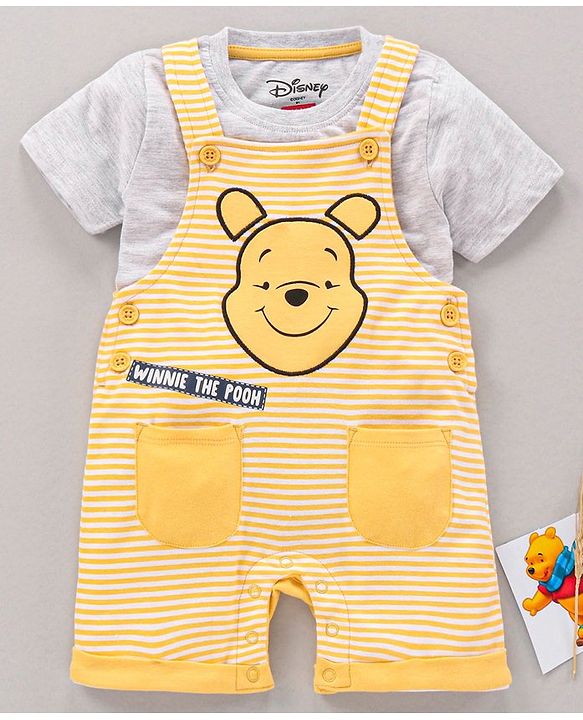 Babyhug Half Sleeves Dungaree Style Romper With Inner Tee Stripes & Winnie The Pooh Print - Ecru Yellow