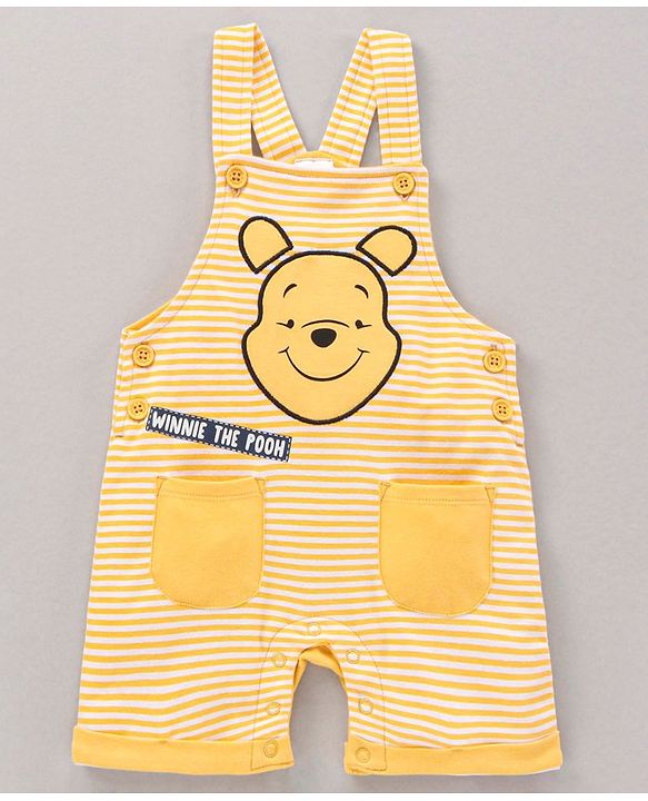 Babyhug Half Sleeves Dungaree Style Romper With Inner Tee Stripes & Winnie The Pooh Print - Ecru Yellow