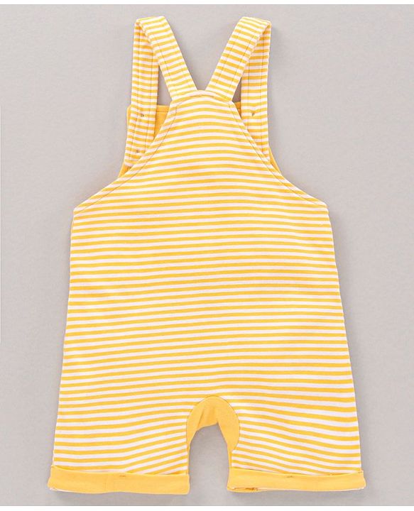 Babyhug Half Sleeves Dungaree Style Romper With Inner Tee Stripes & Winnie The Pooh Print - Ecru Yellow