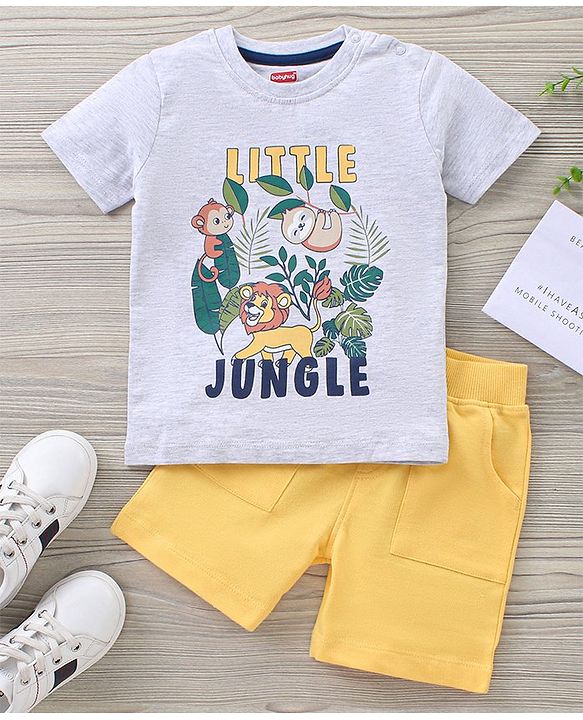 Babyhug Half Sleeves Cotton T Shirt And Shorts Set Placement Print - Grey Yellow