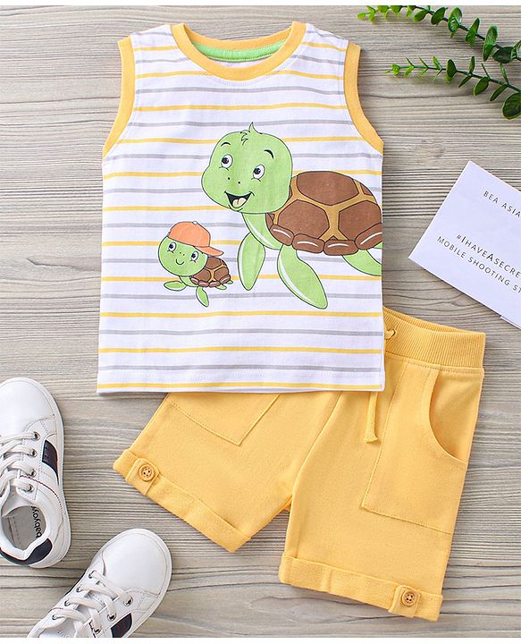 Babyhug Sleeveless Striped T-Shirt & Knee Length Shorts Tortoise Print - Yellow