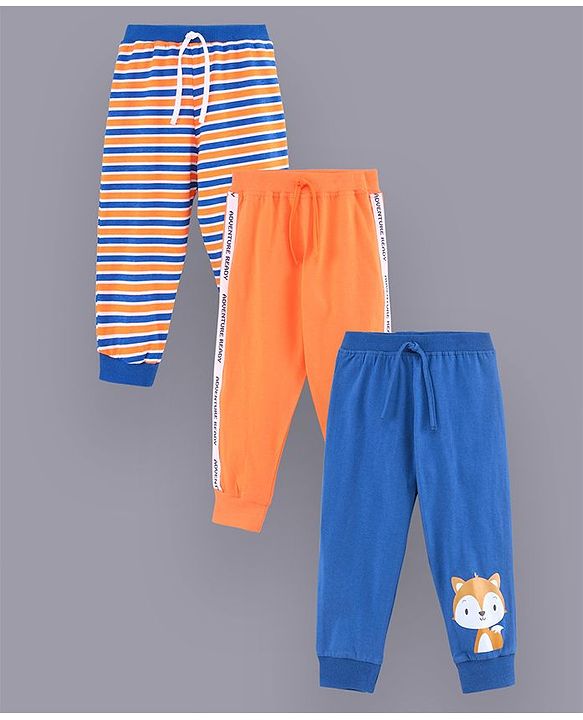 Babyhug Full Length Cotton Lounge Pants Pack of 3 - Blue Orange White