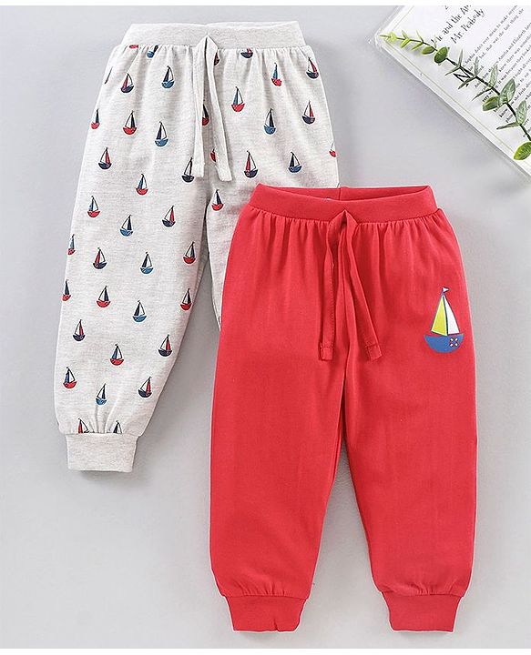Babyhug Full Length Lounge Pants Boat Print Pack of 2 - Grey Red