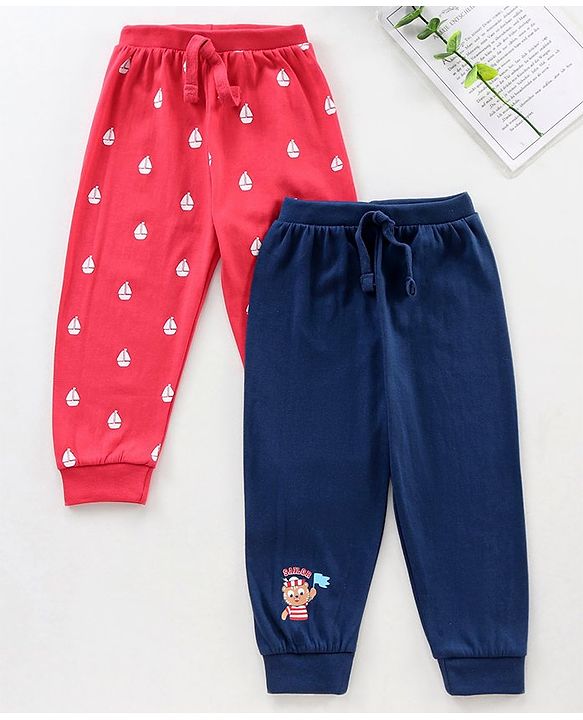 Babyhug Full Length Ribbed Waist Knit Lounge Pant Pack of 2 - Blue Red